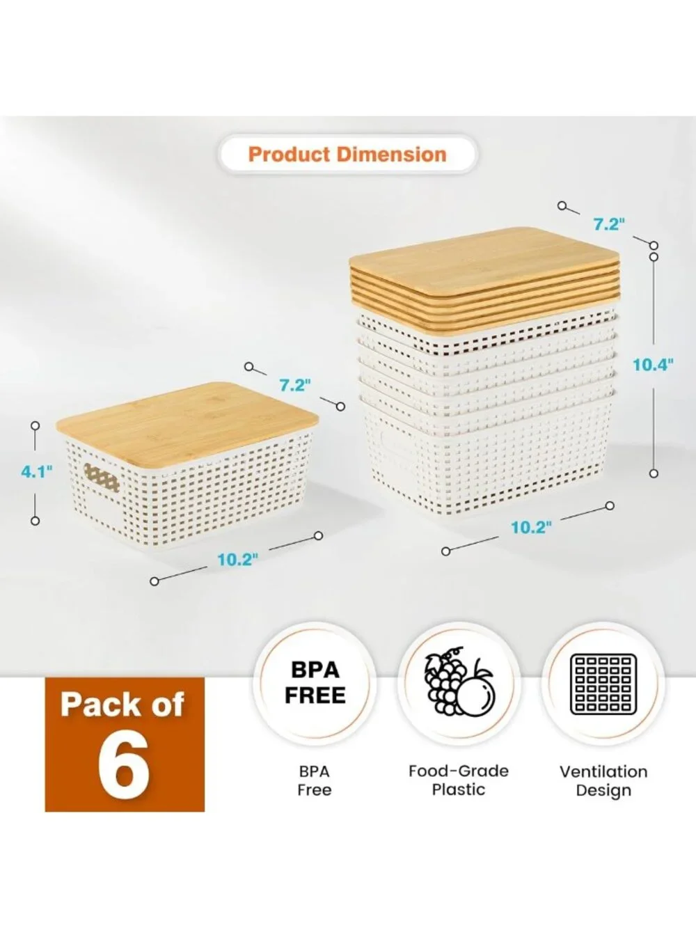 Stackable Plastic Storage Baskets with Bamboo Lids - 6 Pack for Organizing Home